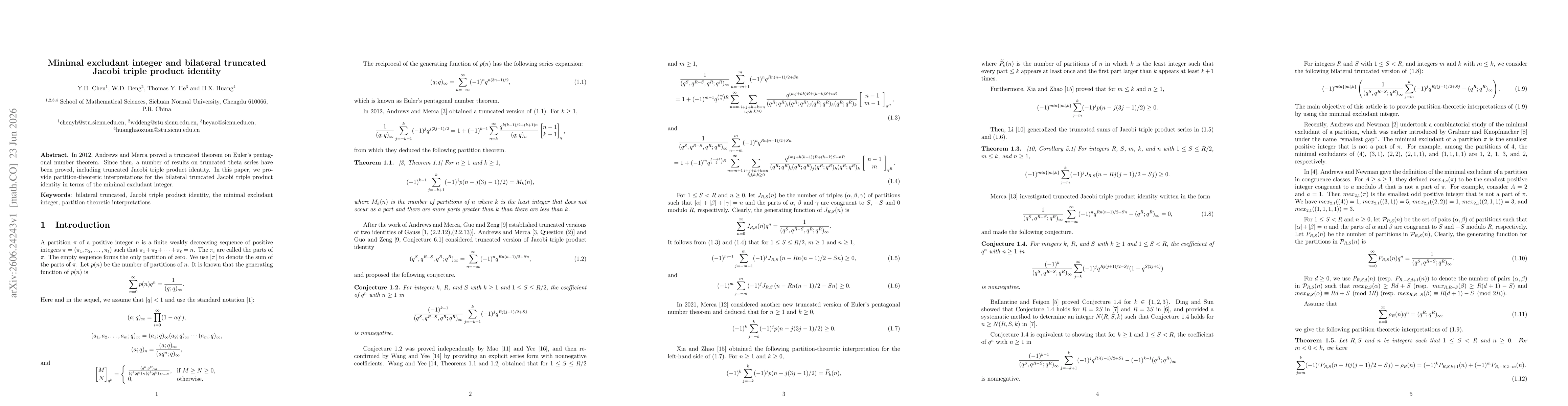 Thumbnail for Minimal excludant integer and bilateral truncated Jacobi triple product identity