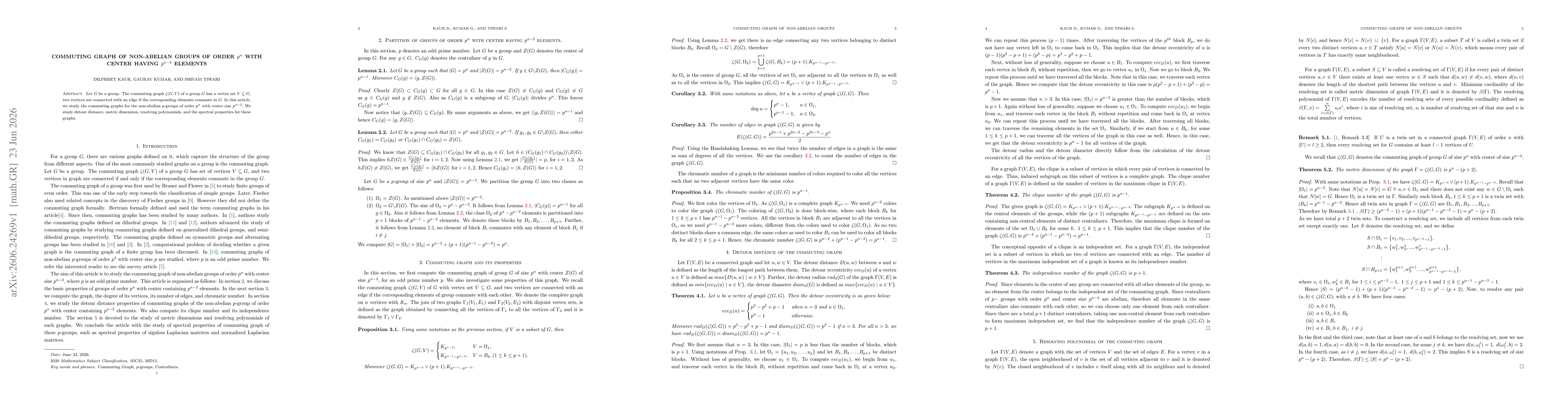 Thumbnail for Commuting graph of non-abelian groups of order $p^n$ with center having $p^{n-2}$ elements