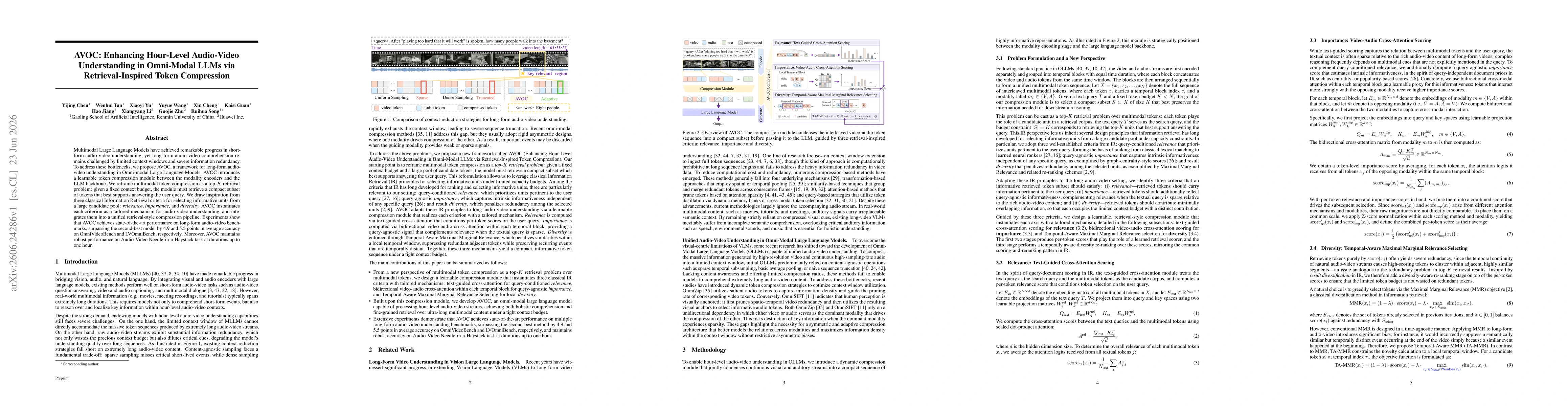 Thumbnail for AVOC: Enhancing Hour-Level Audio-Video Understanding in Omni-Modal LLMs via Retrieval-Inspired Token Compression