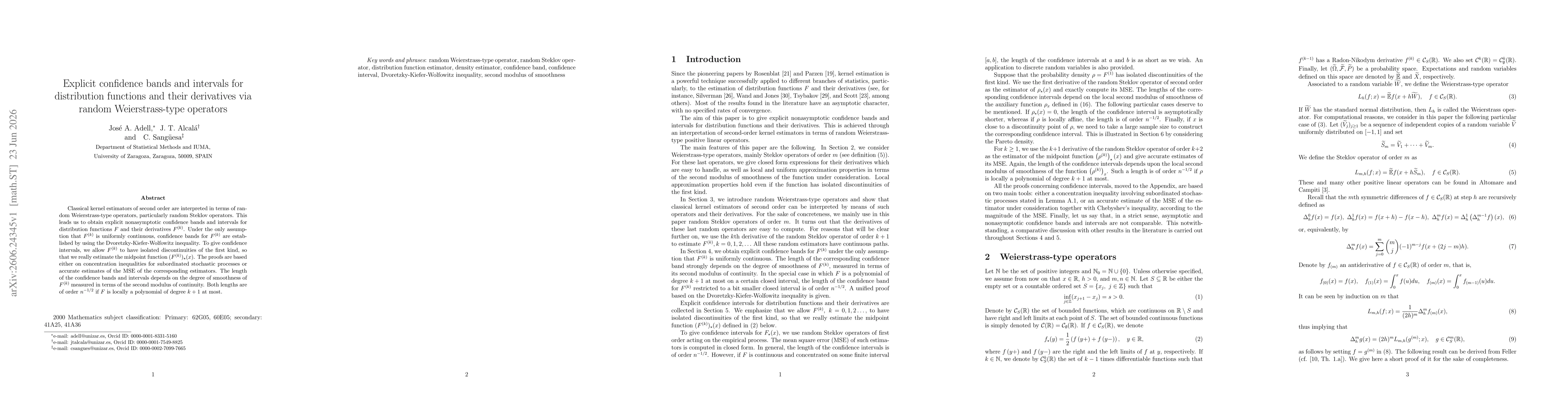 Thumbnail for Explicit confidence bands and intervals for distribution functions and their derivatives via random Weierstrass-type operators