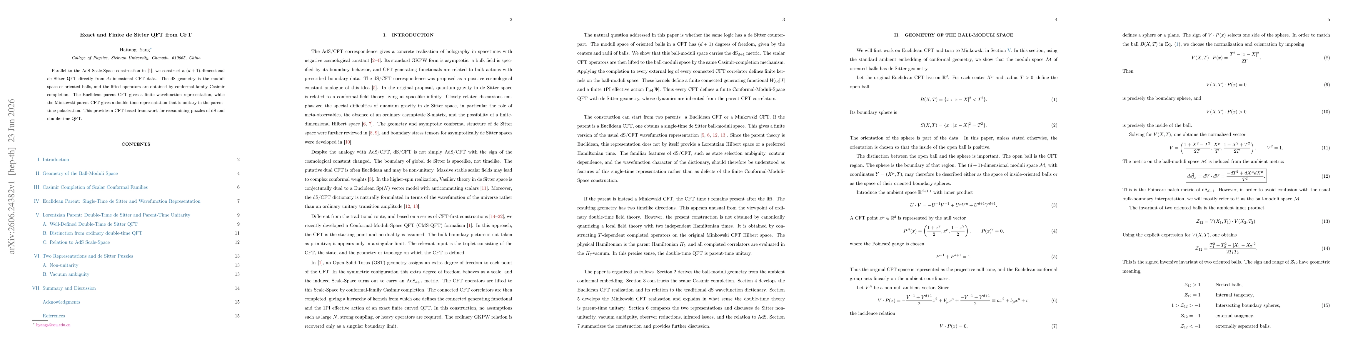 Thumbnail for Exact and Finite de Sitter QFT from CFT
