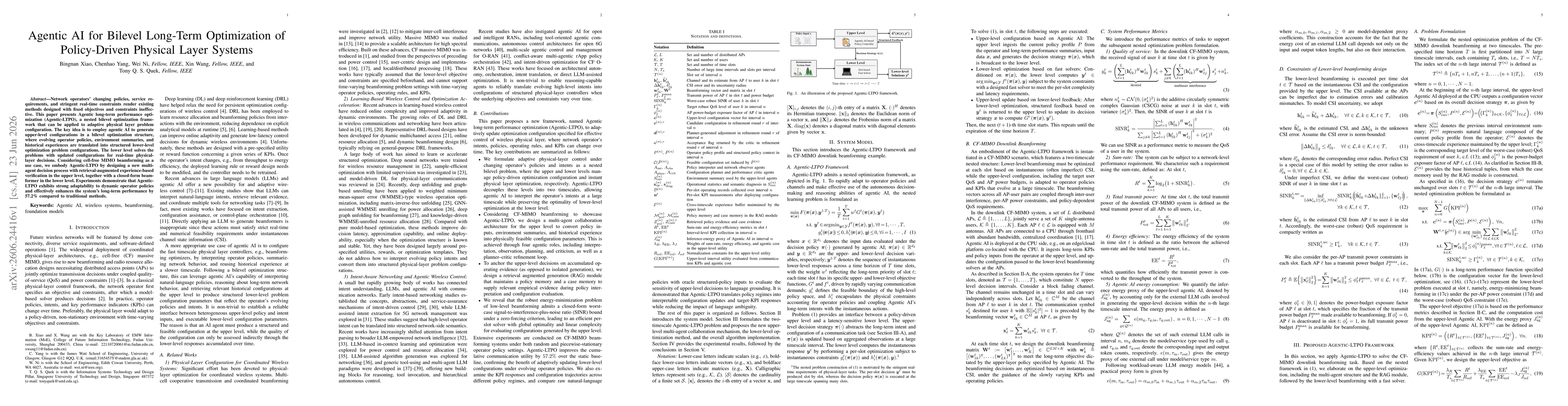 Thumbnail for Agentic AI for Bilevel Long-Term Optimization of Policy-Driven Physical Layer Systems
