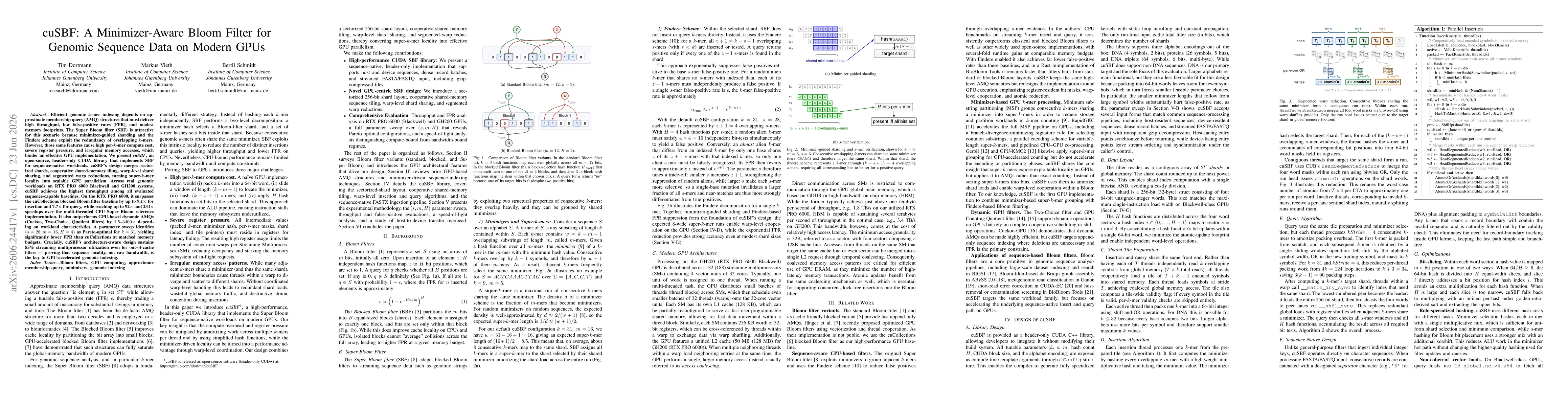 Thumbnail for cuSBF: A Minimizer-Aware Bloom Filter for Genomic Sequence Data on Modern GPUs