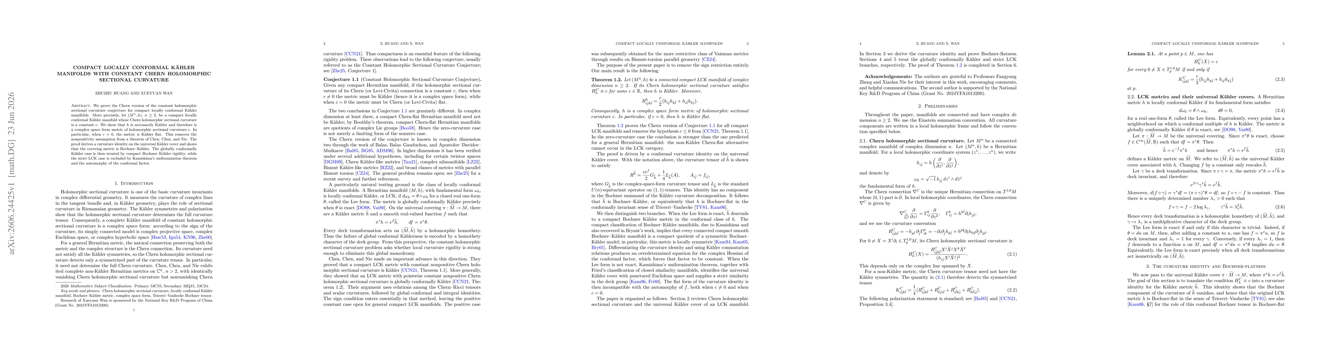 Thumbnail for Compact locally conformal Kähler manifolds with constant Chern holomorphic sectional curvature
