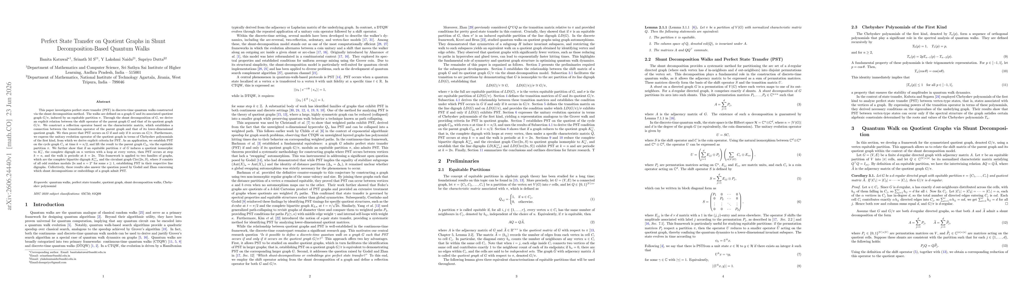 Thumbnail for Perfect State Transfer on Quotient Graphs in Shunt Decomposition-Based Quantum Walks