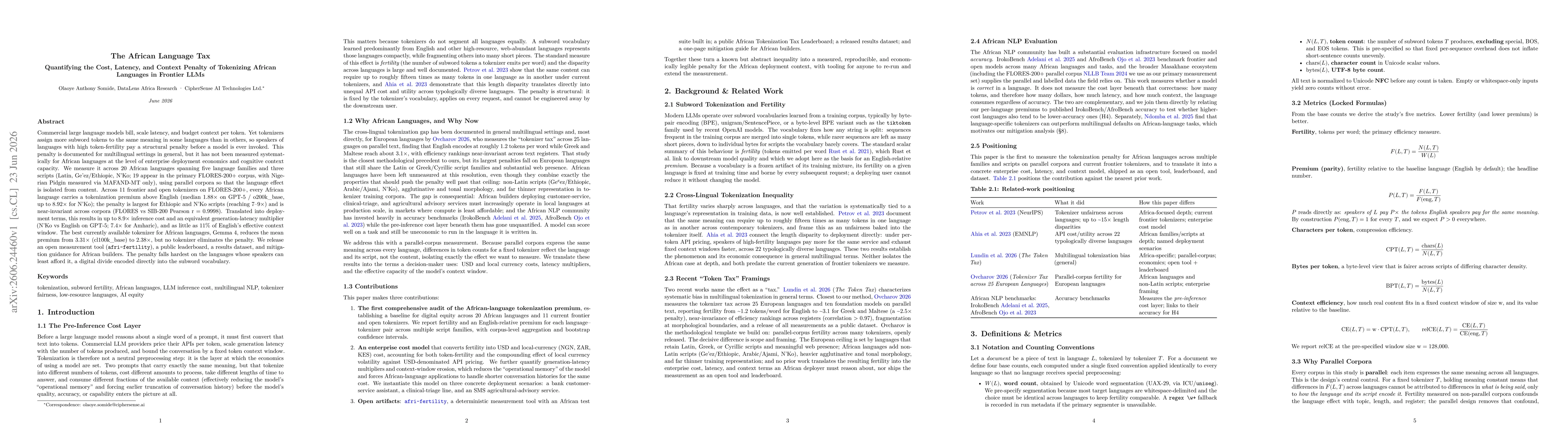 Thumbnail for The African Language Tax: Quantifying the Cost, Latency, and Context Penalty of Tokenizing African Languages in Frontier LLMs