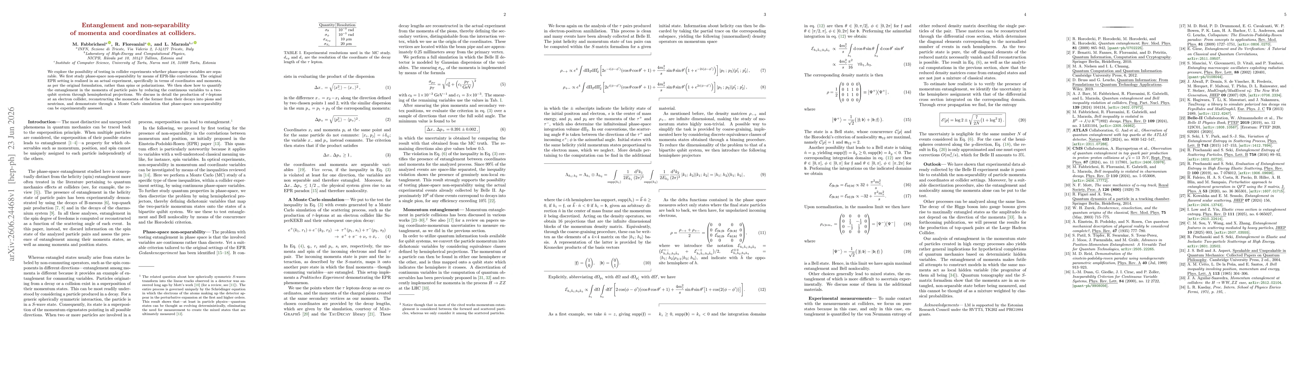 Thumbnail for Entanglement and non-separability of momenta and coordinates at colliders
