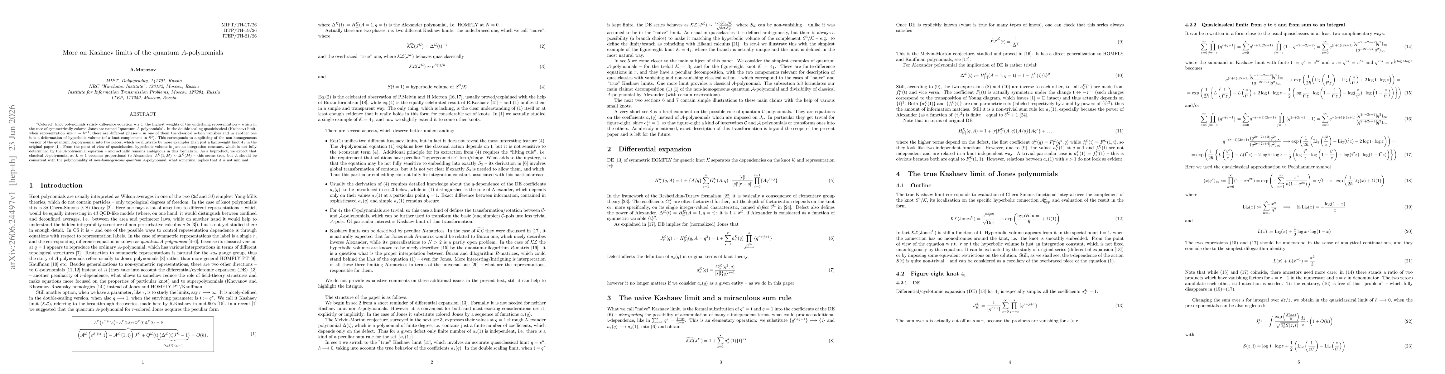 Thumbnail for More on Kashaev limits of the quantum $A$-polynomials