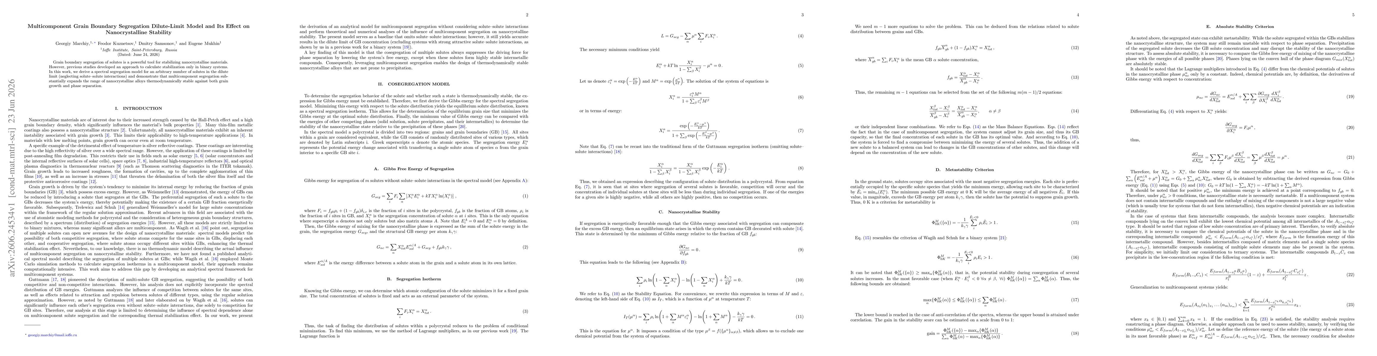 Thumbnail for Multicomponent Grain Boundary Segregation Dilute-Limit Model and Its Effect on Nanocrystalline Stability