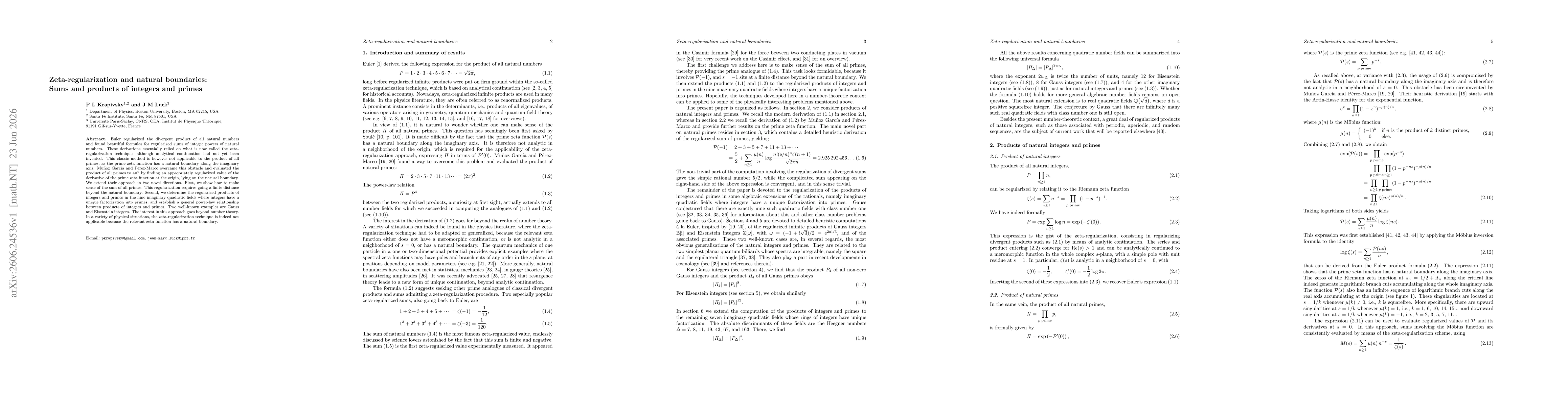 Thumbnail for Zeta-regularization and natural boundaries: Sums and products of integers and primes