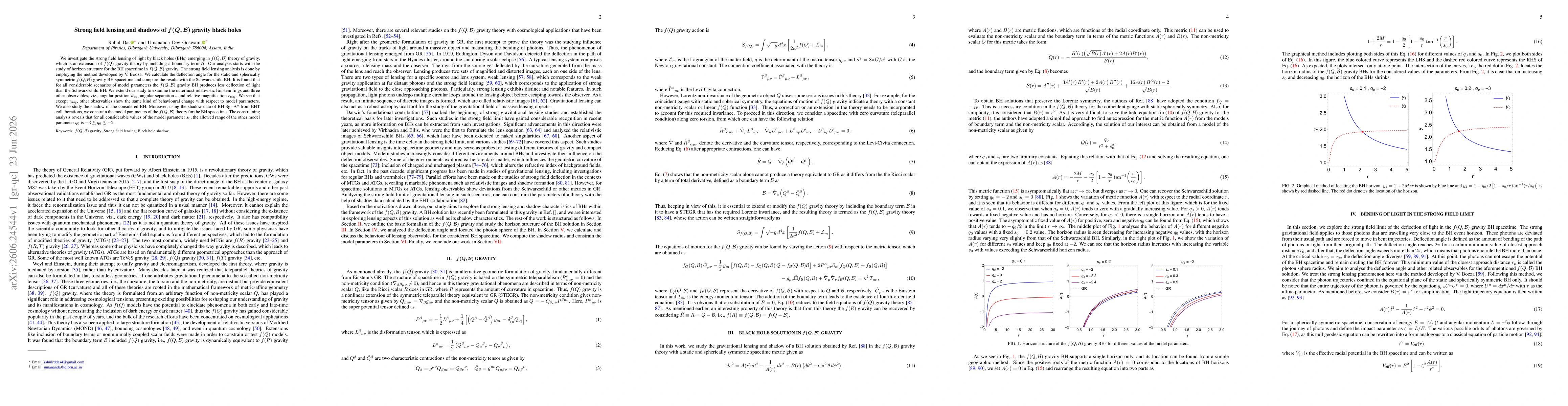 Thumbnail for Strong field lensing and shadows of $\boldsymbol{f(Q,\mathcal{B})}$ gravity black holes