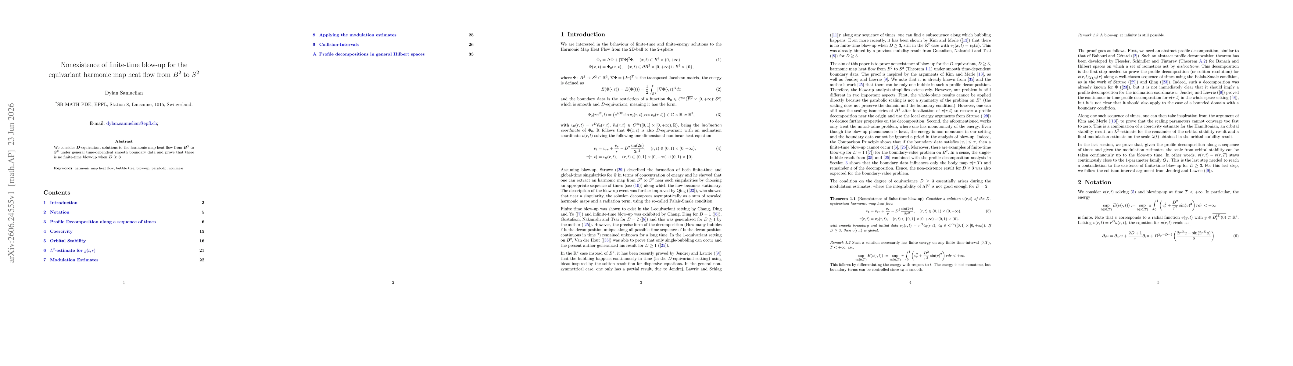 Thumbnail for Nonexistence of finite-time blow-up for the equivariant harmonic map heat flow from $B^2$ to $S^2$