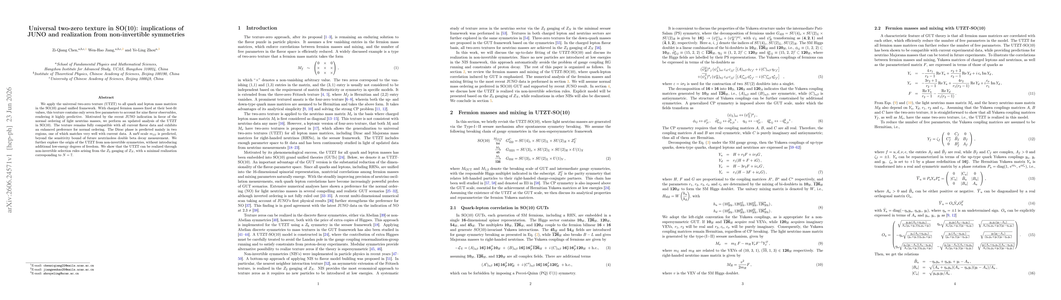 Thumbnail for Universal two-zero texture in SO(10): implications of JUNO and realization from non-invertible symmetries