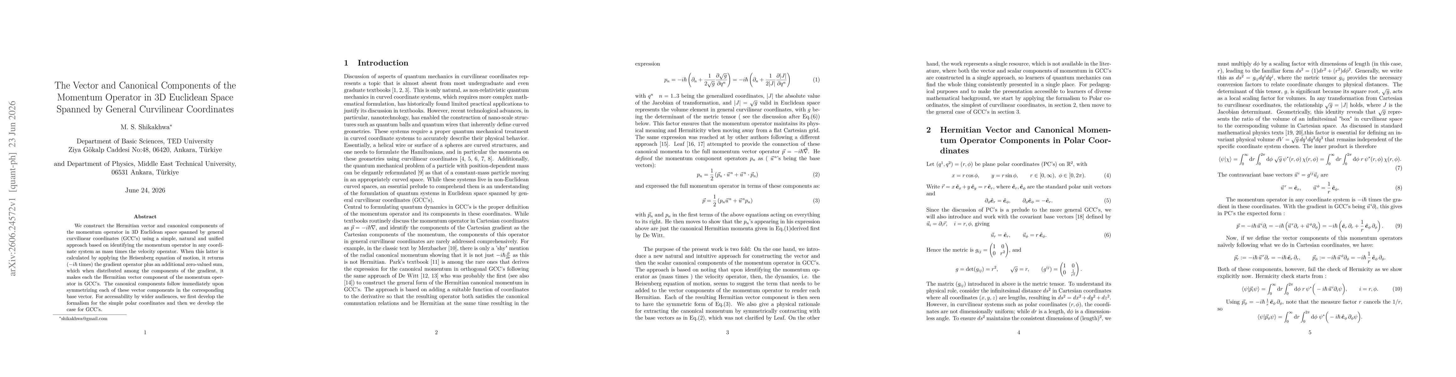 Thumbnail for The Vector and Canonical Components of the Momentum Operator in 3D Euclidean Space Spanned by General Curvilinear Coordinates