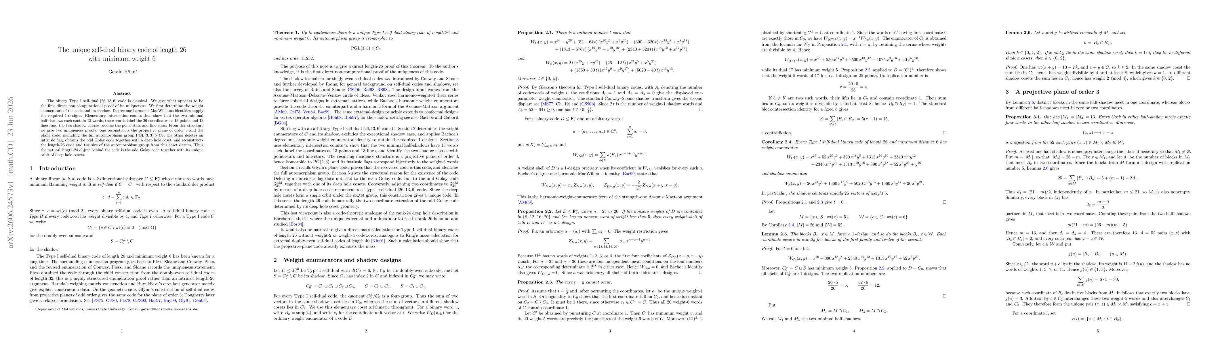 Thumbnail for The unique self-dual binary code of length 26 with minimum weight 6