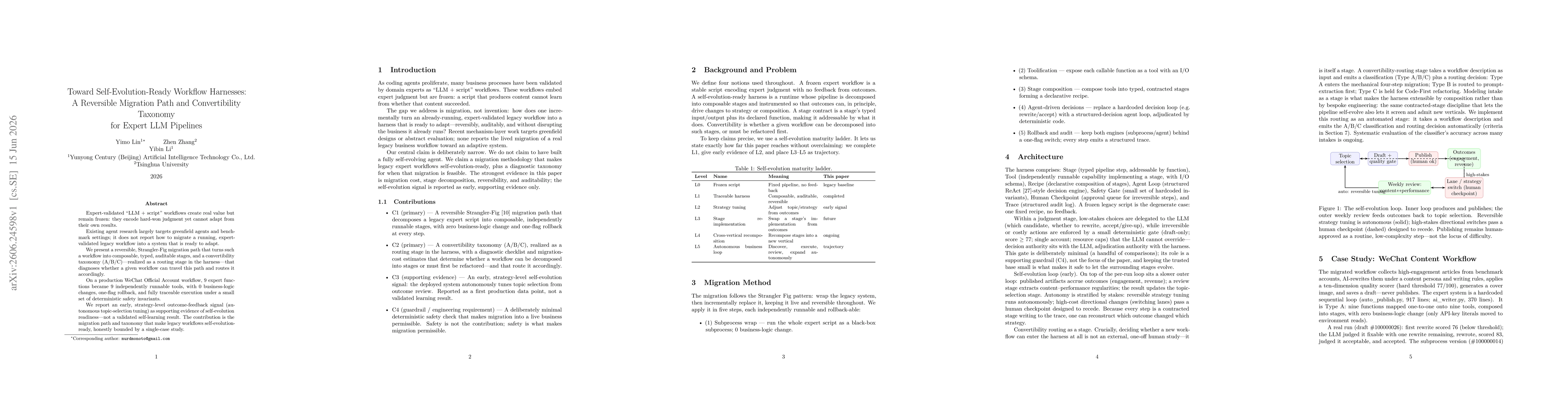 Thumbnail for Toward Self-Evolution-Ready Workflow Harnesses: A Reversible Migration Path and Convertibility Taxonomy for Expert LLM Pipelines