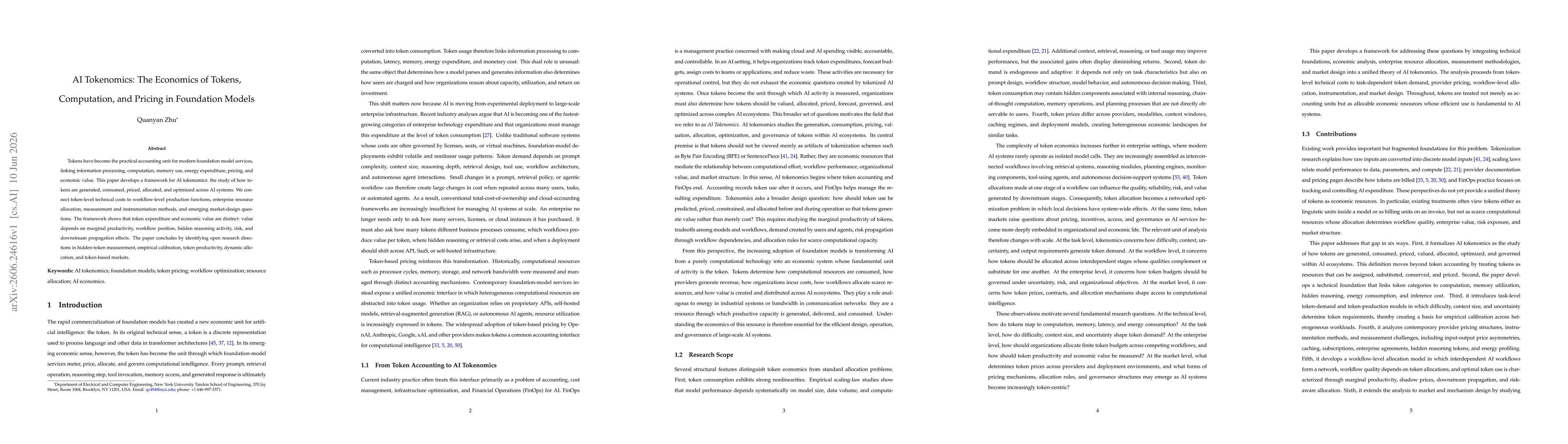 Thumbnail for AI Tokenomics: The Economics of Tokens, Computation, and Pricing in Foundation Models