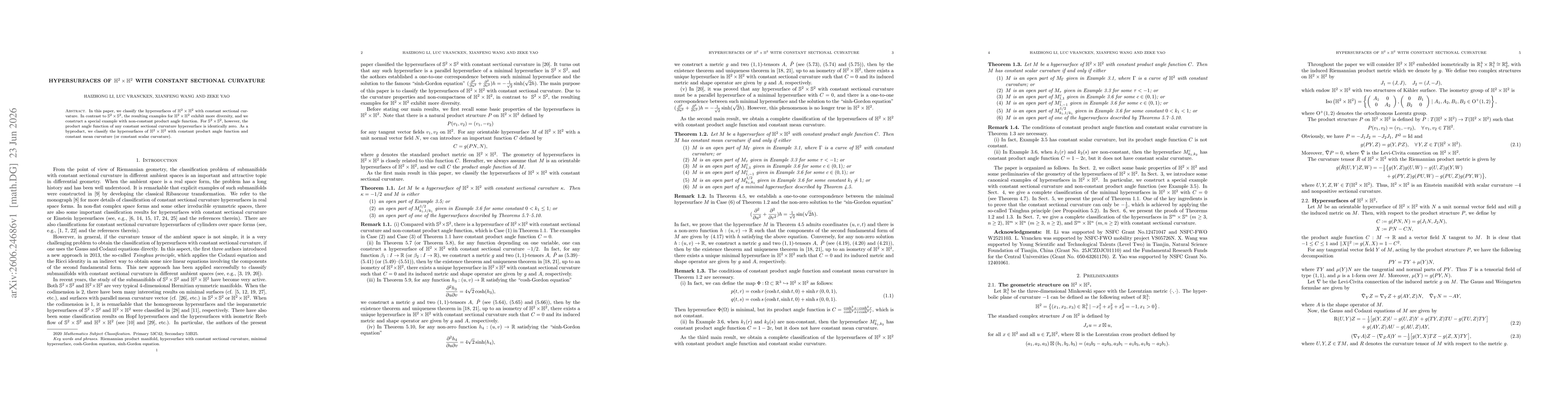 Thumbnail for Hypersurfaces of $\mathbb{H}^2\times\mathbb{H}^2$ with constant sectional curvature