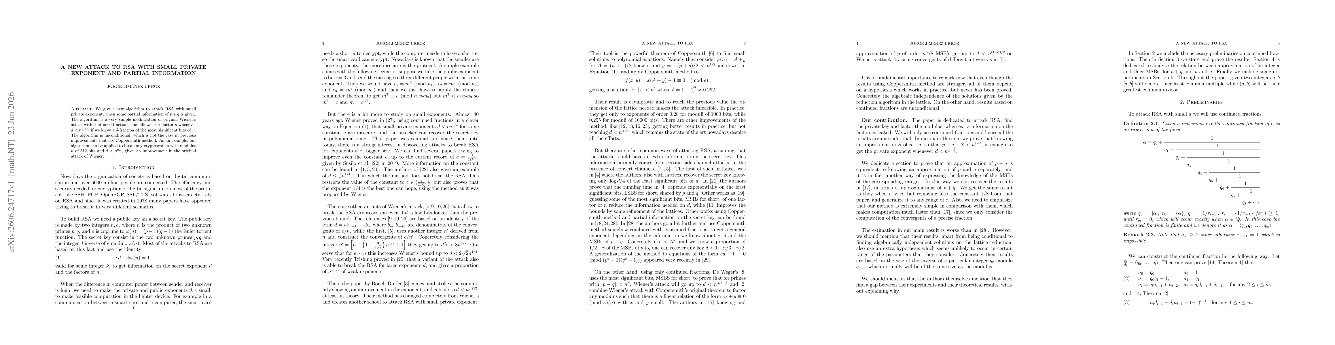 Thumbnail for A new attack to RSA with small private exponent and partial information