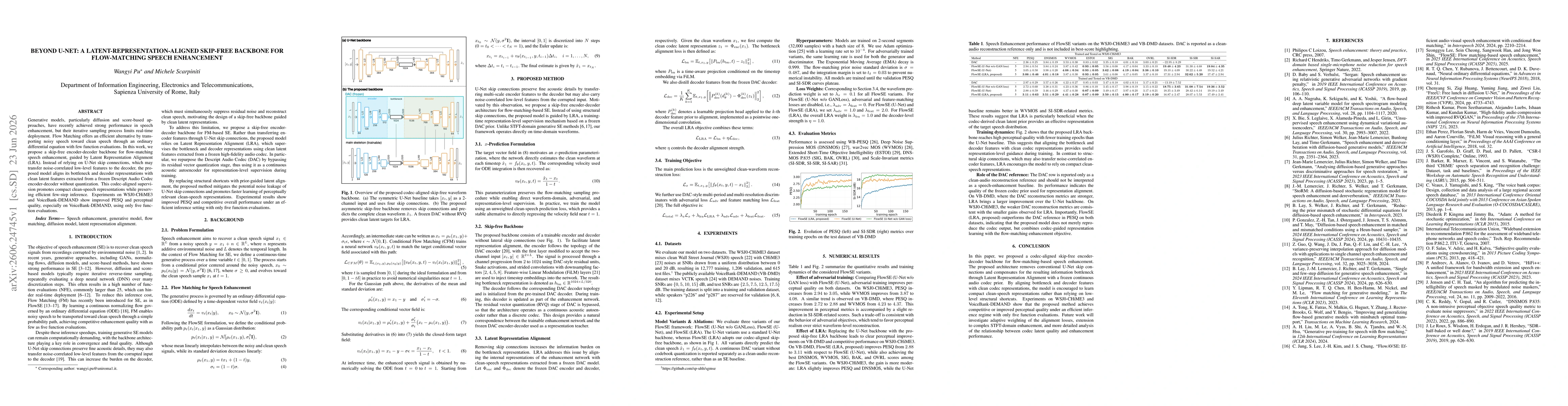 Thumbnail for Beyond U-Net: A Latent-Representation-Aligned Skip-Free Backbone for Flow-Matching Speech Enhancement