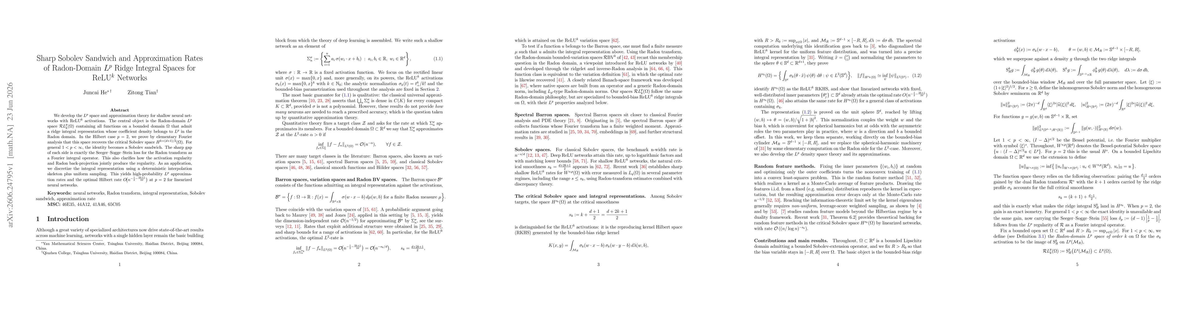 Thumbnail for Sharp Sobolev Sandwich and Approximation Rates of Radon-Domain $L^p$ Ridge Integral Spaces for ReLU$^k$ Networks