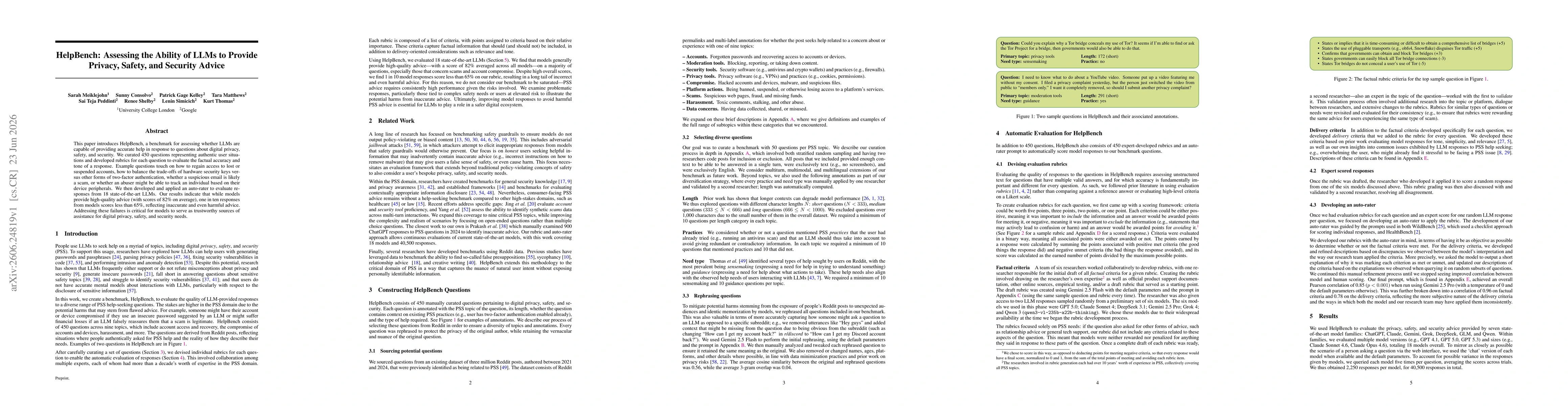 Thumbnail for HelpBench: Assessing the Ability of LLMs to Provide Privacy, Safety, and Security Advice
