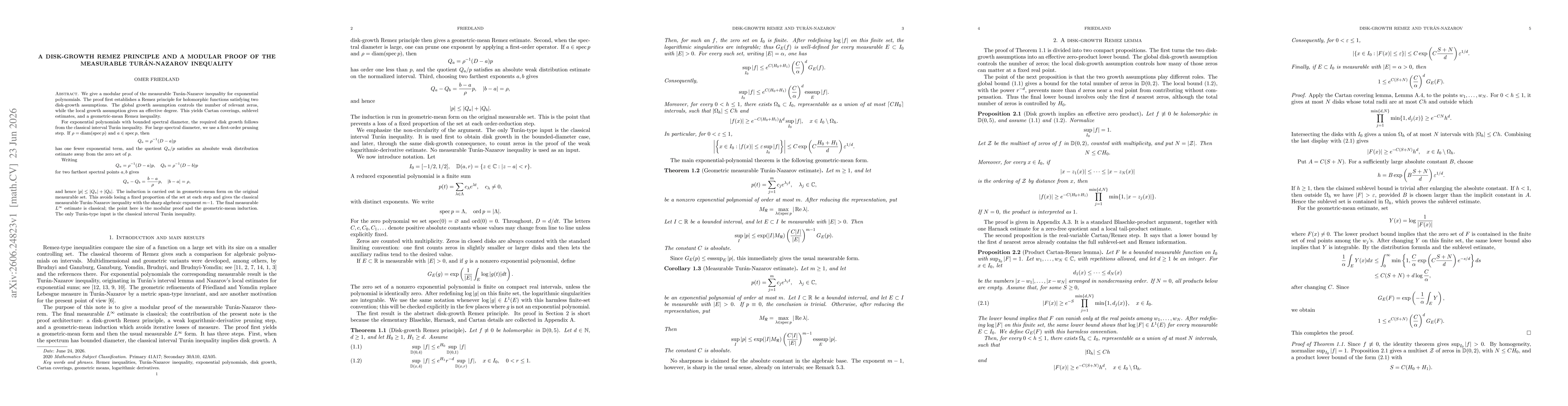 Thumbnail for A Disk-Growth Remez Principle and a Modular Proof of the Measurable Turán-Nazarov Inequality