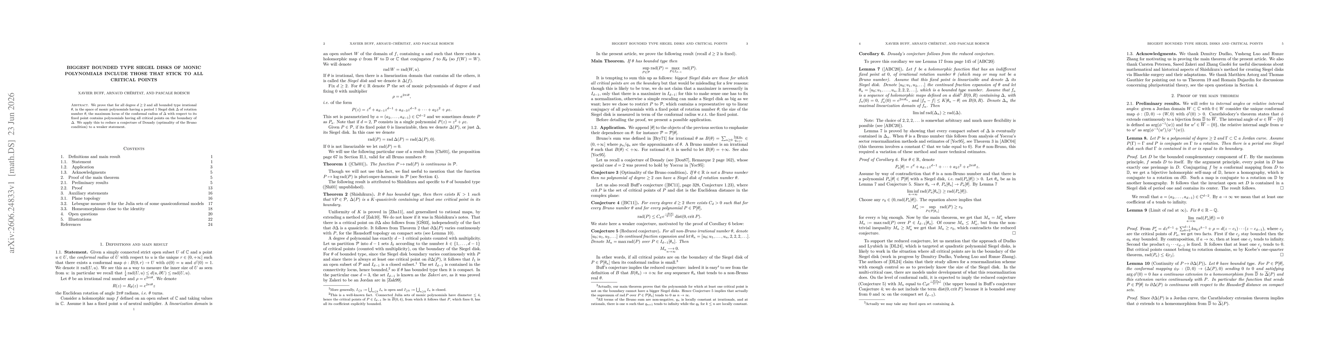 Thumbnail for Biggest bounded type Siegel disks of monic polynomials include those that stick to all critical points