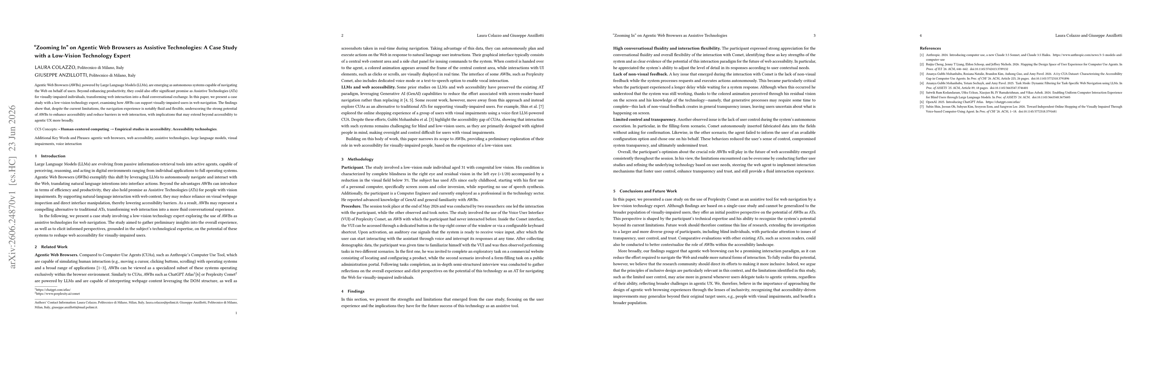 Thumbnail for "Zooming In" on Agentic Web Browsers as Assistive Technologies: A Case Study with a Low-Vision Technology Expert