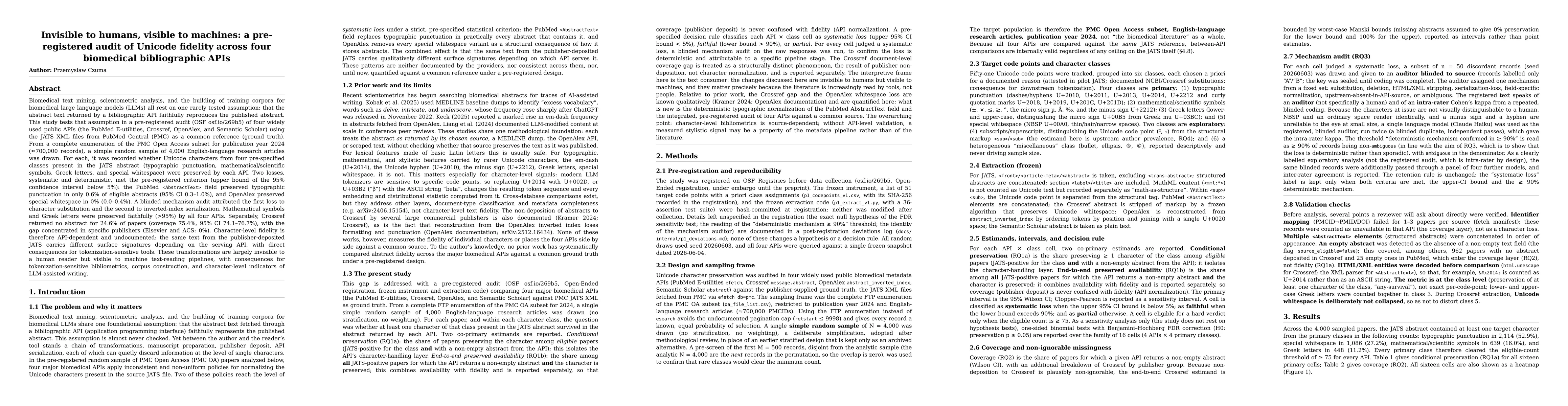 Thumbnail for Invisible to humans, visible to machines: a preregistered audit of Unicode fidelity across four biomedical bibliographic APIs