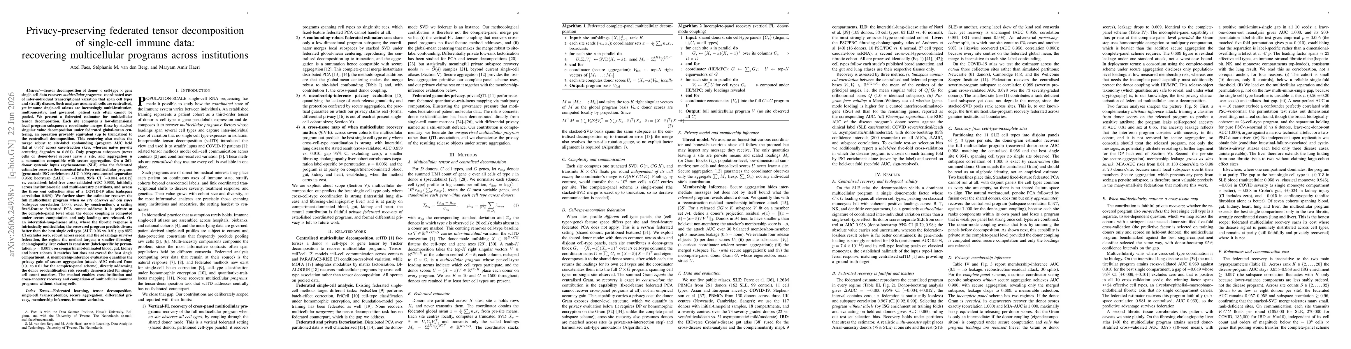 Thumbnail for Privacy-preserving federated tensor decomposition of single-cell immune data: recovering multicellular programs across institutions