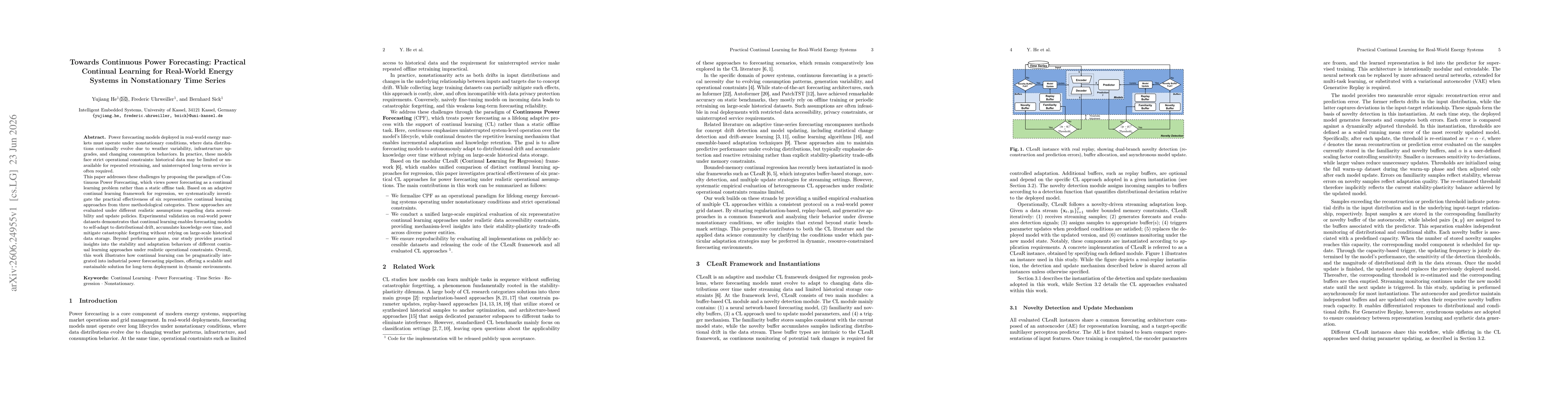Thumbnail for Towards Continuous Power Forecasting: Practical Continual Learning for Real-World Energy Systems in Nonstationary Time Series