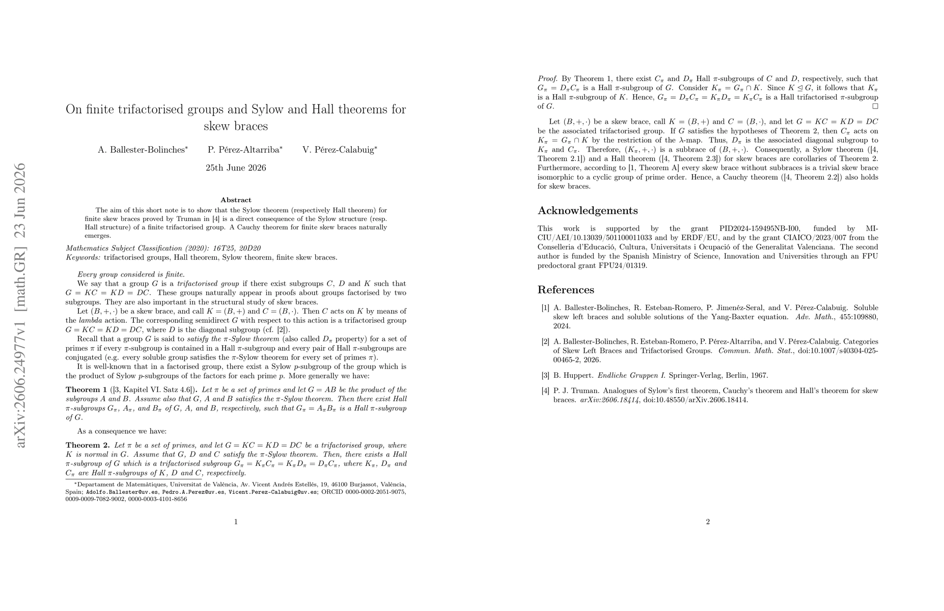 Thumbnail for On finite trifactorised groups and Sylow and Hall theorems for skew braces