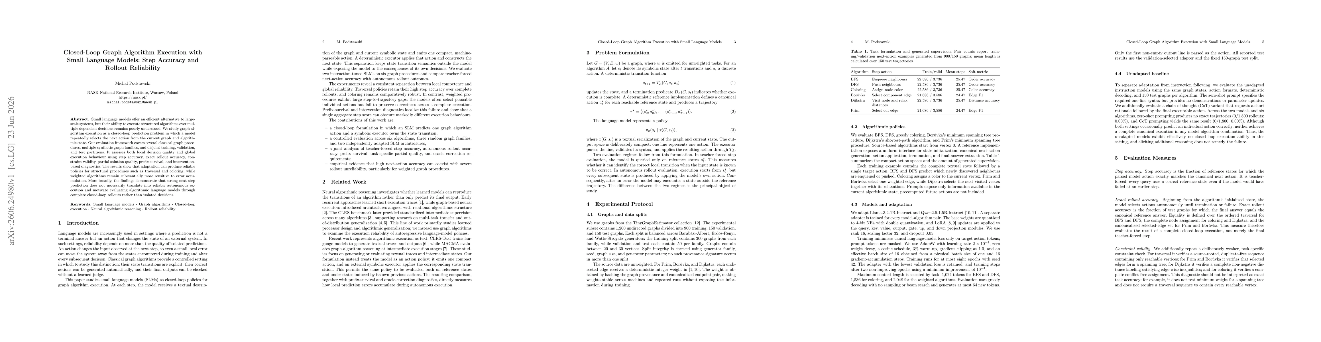 Thumbnail for Closed-Loop Graph Algorithm Execution with Small Language Models: Step Accuracy and Rollout Reliability