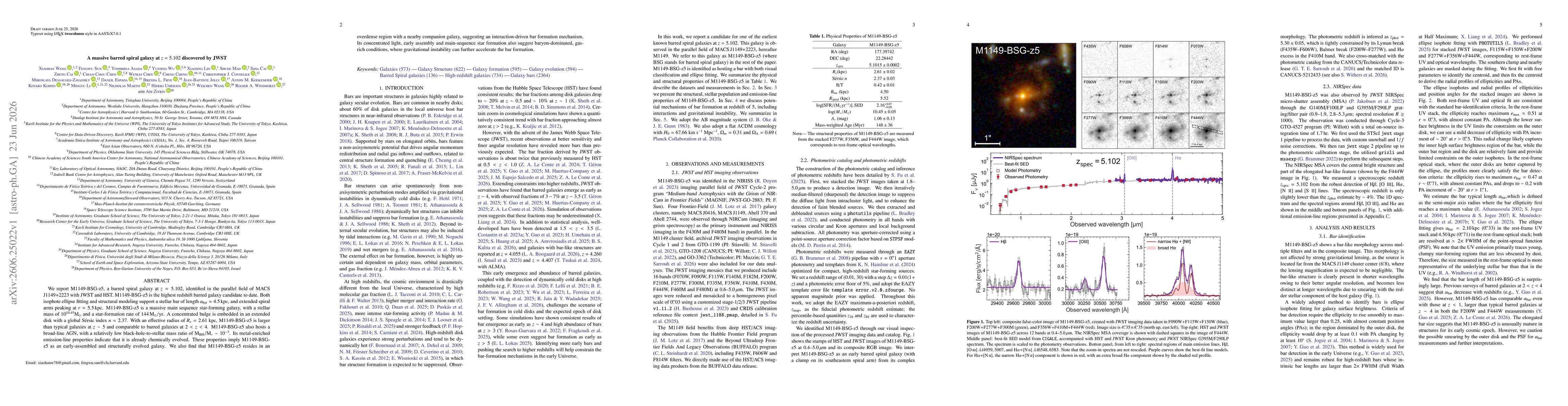 Thumbnail for A massive barred spiral galaxy at z = 5.102 discovered by JWST
