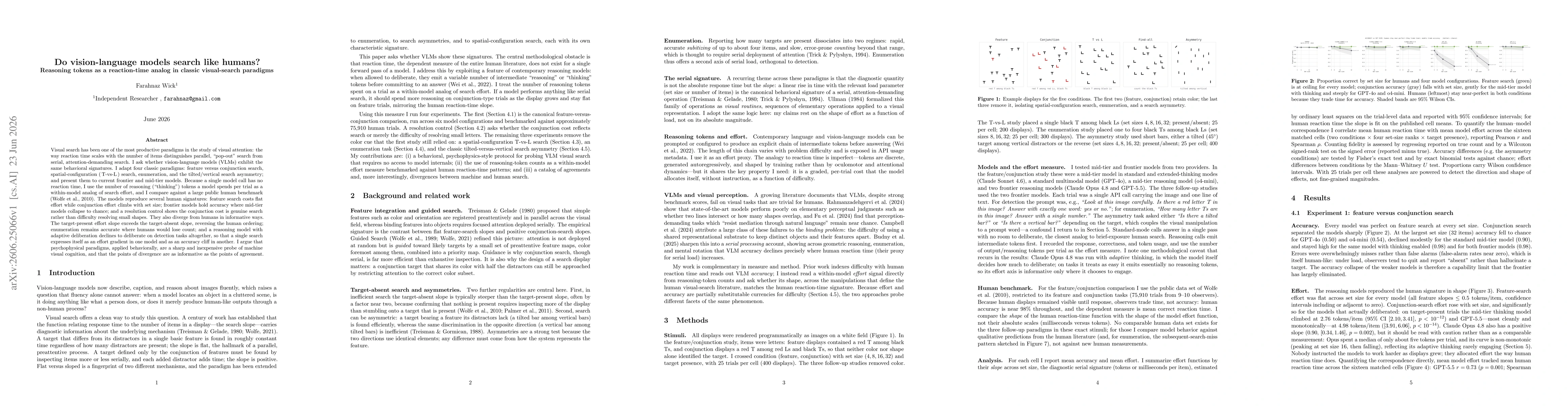 Thumbnail for Do vision-language models search like humans? Reasoning tokens as a reaction-time analog in classic visual-search paradigms
