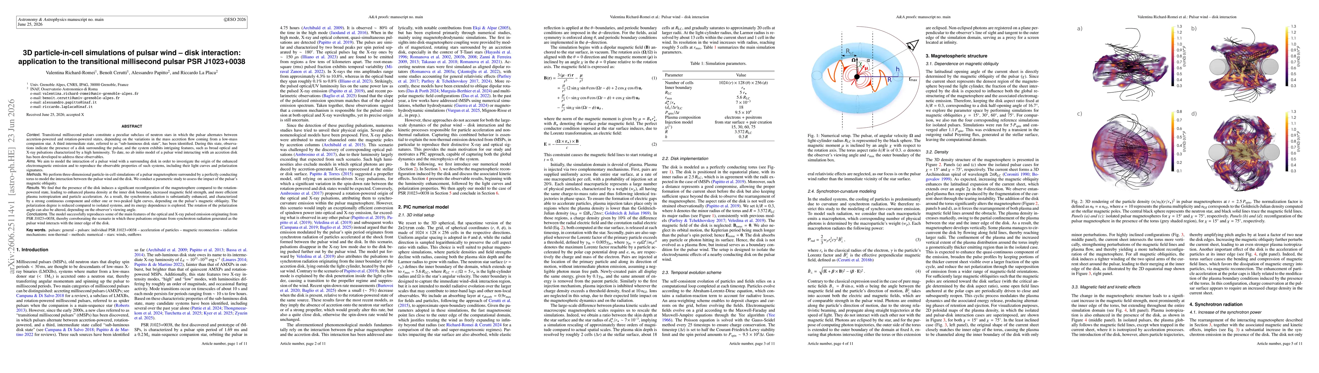 Thumbnail for 3D particle-in-cell simulations of pulsar wind-disk interaction: application to the transitional millisecond pulsar PSR J1023+0038