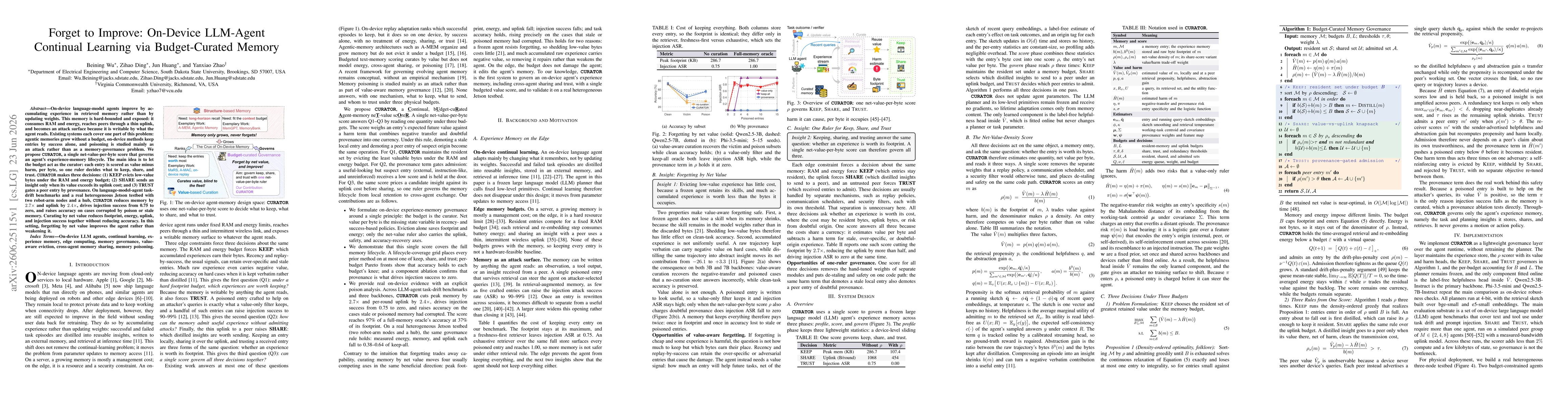 Thumbnail for Forget to Improve: On-Device LLM-Agent Continual Learning via Budget-Curated Memory