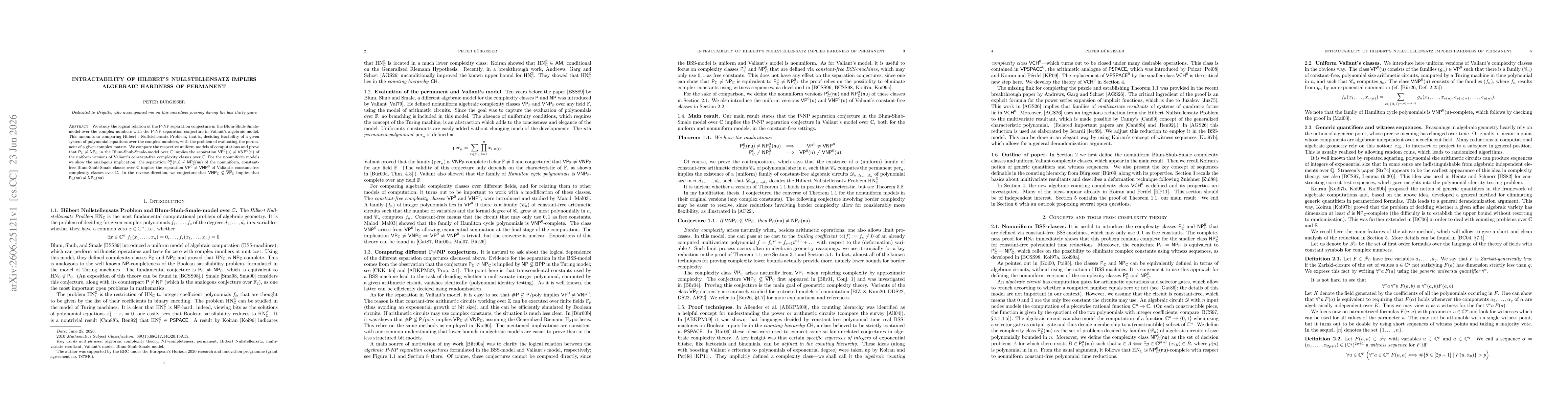 Thumbnail for Intractability of Hilbert's Nullstellensatz implies algebraic hardness of permanent
