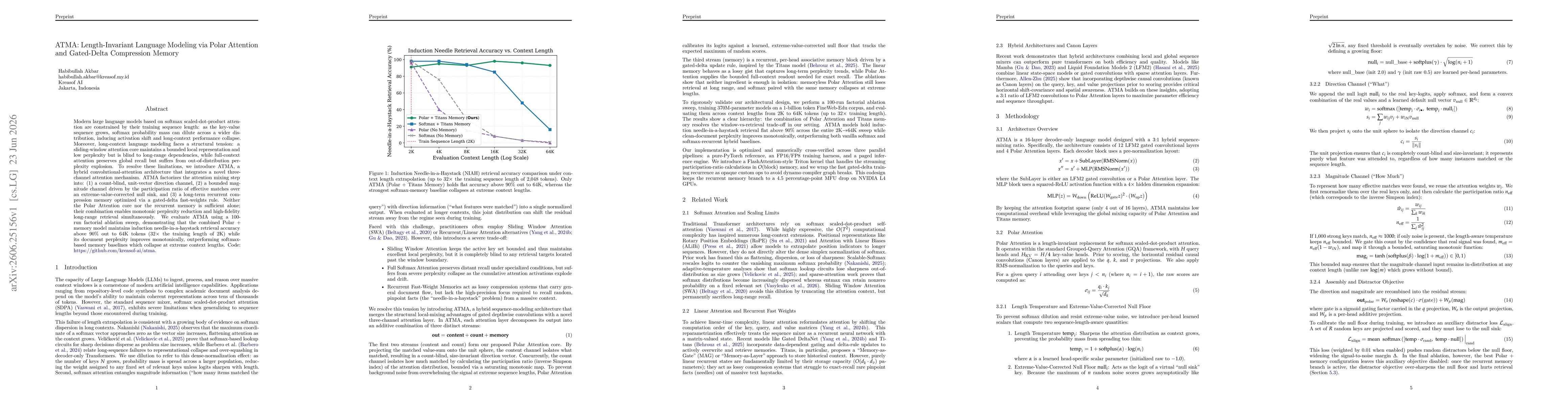 Thumbnail for ATMA: Length-Invariant Language Modeling via Polar Attention and Gated-Delta Compression Memory