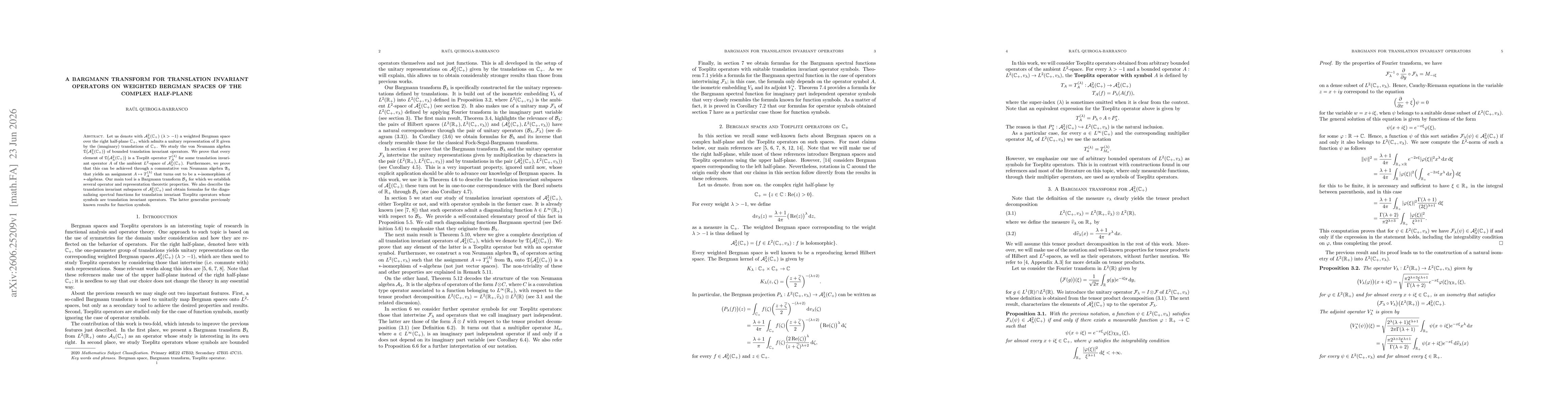 Thumbnail for A Bargmann transform for translation invariant operators on weighted Bergman spaces of the complex half-plane