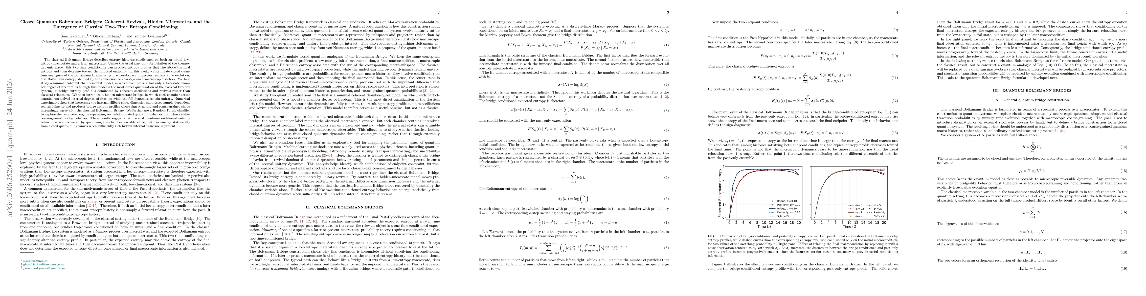 Thumbnail for Closed Quantum Boltzmann Bridges: Coherent Revivals, Hidden Microstates, and the Emergence of Classical Two-Time Entropy Conditioning
