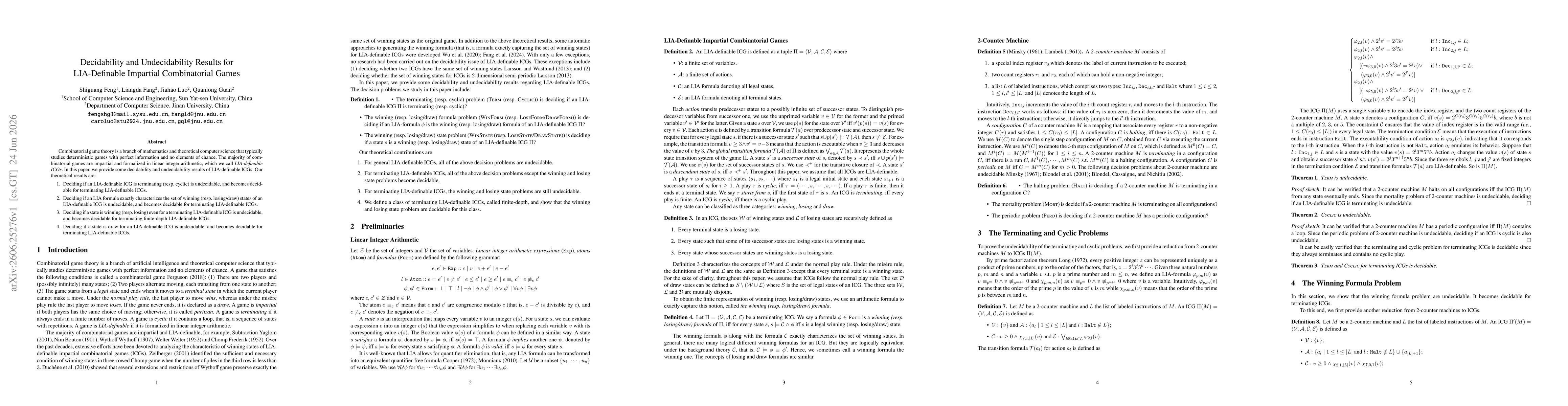 Thumbnail for Decidability and Undecidability Results for LIA-Definable Impartial Combinatorial Games
