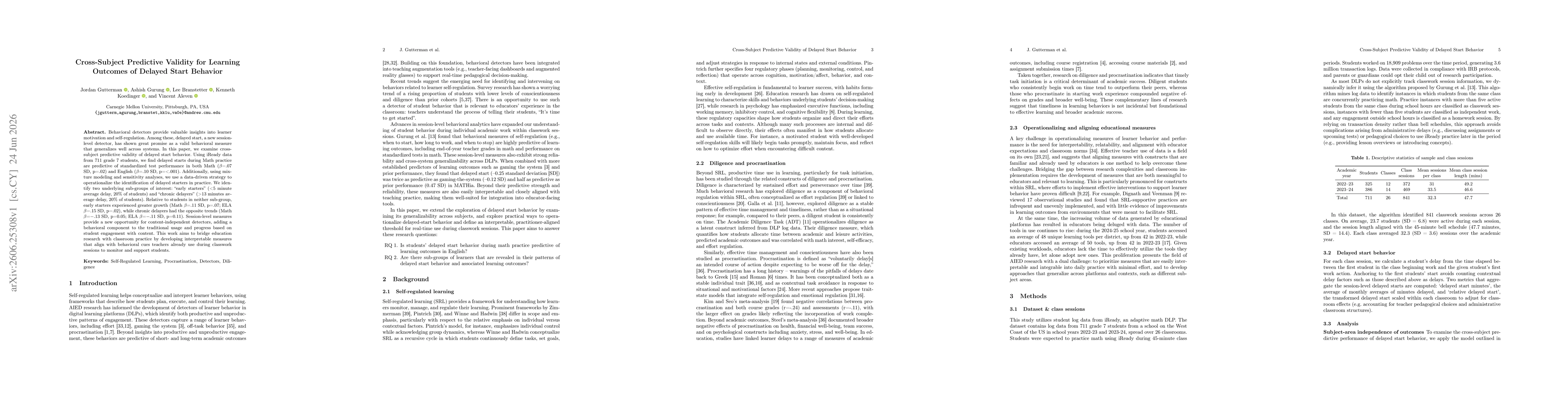 Thumbnail for Cross-Subject Predictive Validity for Learning Outcomes of Delayed Start Behavior