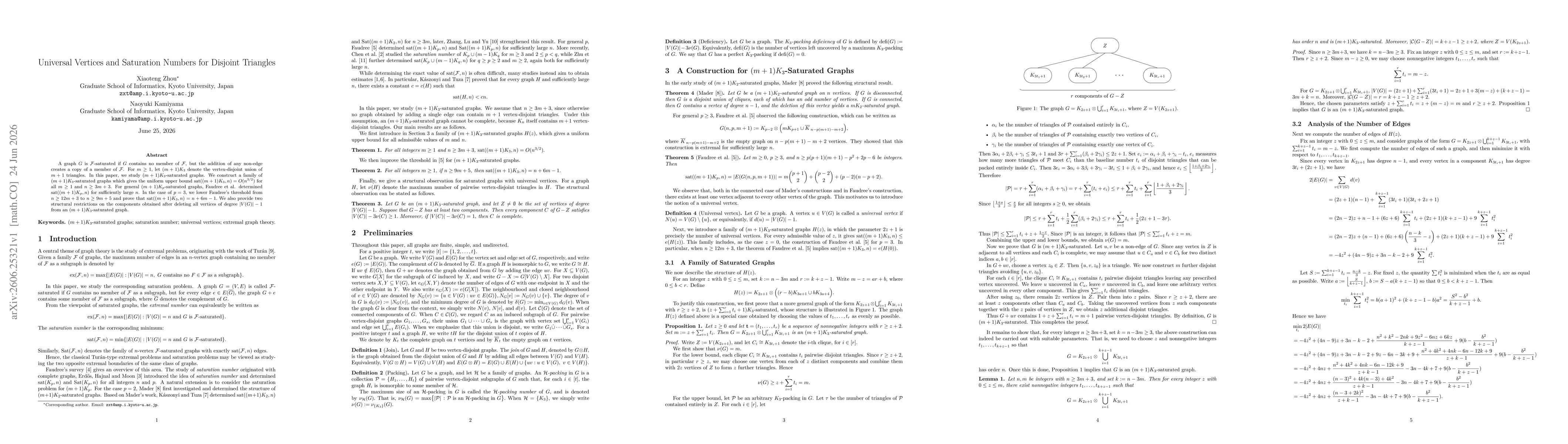 Thumbnail for Universal Vertices and Saturation Numbers for Disjoint Triangles