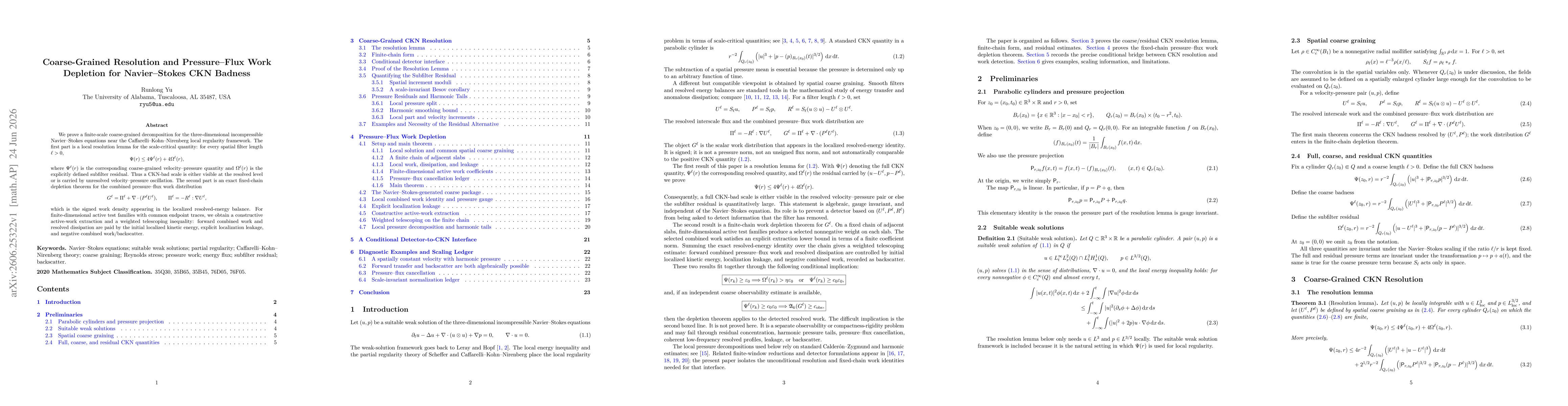 Thumbnail for Coarse-Grained Resolution and Pressure-Flux Work Depletion for Navier-Stokes CKN Badness