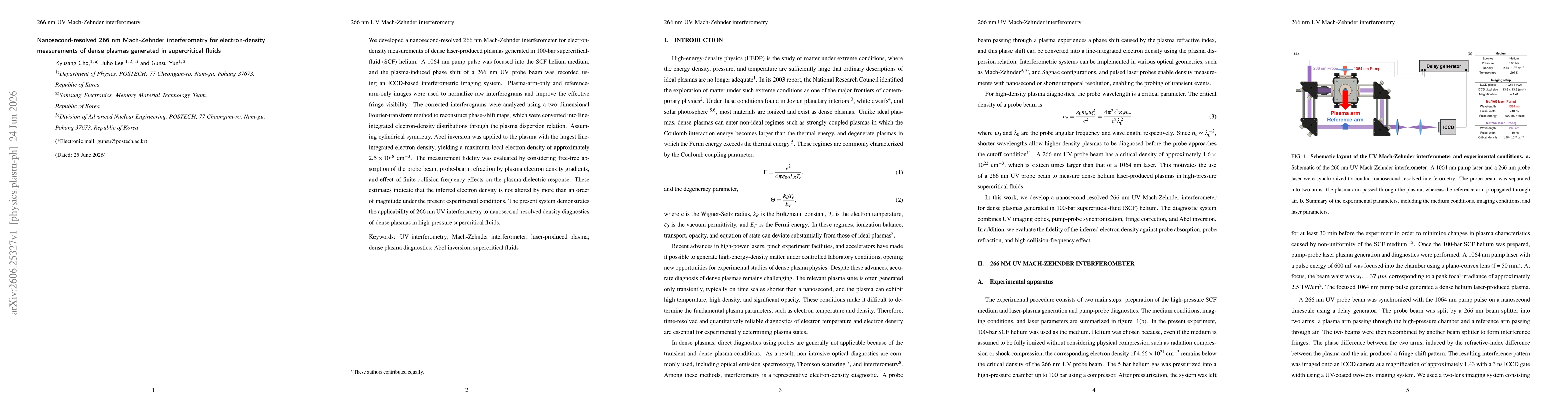Thumbnail for Nanosecond-resolved 266 nm Mach-Zehnder interferometry for electron-density measurements of dense plasmas generated in supercritical fluids
