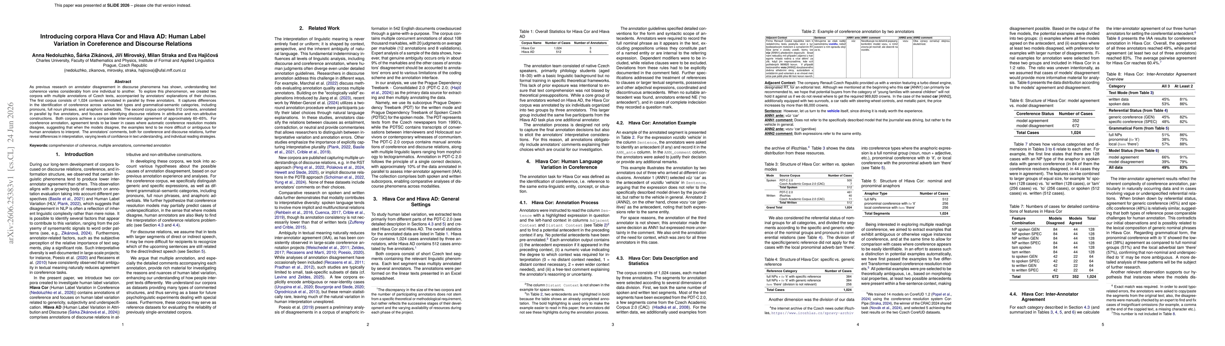 Thumbnail for Introducing corpora Hlava Cor and Hlava AD: Human Label Variation in Coreference and Discourse Relations