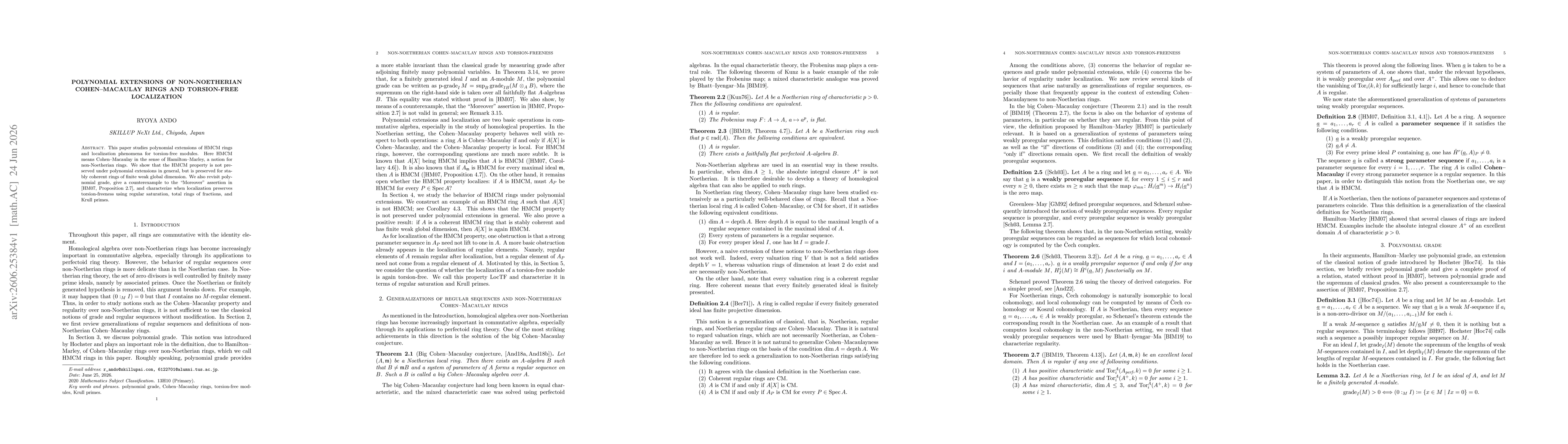 Thumbnail for Polynomial Extensions of Non-Noetherian Cohen--Macaulay Rings and Torsion-Free Localization