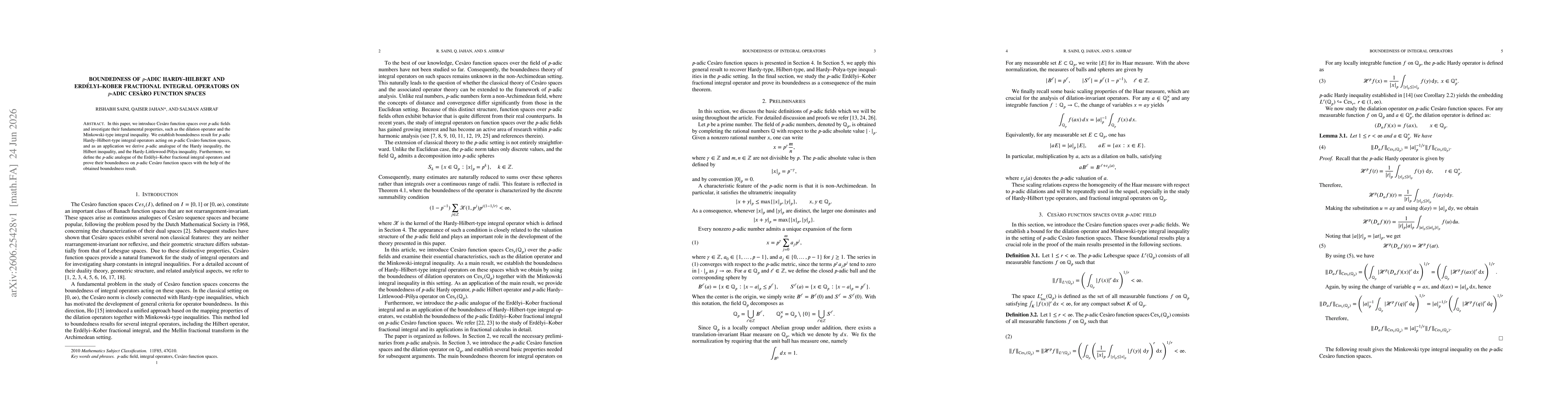 Thumbnail for Boundedness of $p$-adic Hardy--Hilbert and Erdélyi--Kober fractional integral operators on $p$-adic Cesàro function Spaces